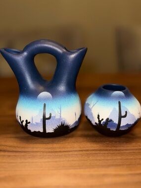 Cedar Mesa Signed Native American Pottery - Legend of the Wedding Vase Set